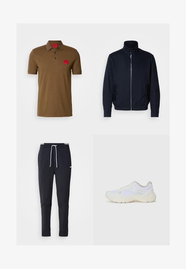 Námořnická modrá bunda s vysokým límcem, předním zipem, bočními kapsami a žebrovanými manžetami. Hladká textura s jemným logem na hrudi.; Hnedý polo tričko vyrobené z hladkej bavlny. Obsahuje trojité zapínanie na gombíky, krátke rukávy a červenú logo nášivku na hrudi.; Čierne slim-fit jogger nohavice s bielym šnurovaním, elastickým pásom s bielymi pruhmi a malým bielym logom na hornej stehne.; Biele atletické topánky vyrobené z materiálov sieťoviny a semišu, s textúrovanou strednou podošvou, textúrovanými akcentmi a logom "HUGO" na boku.