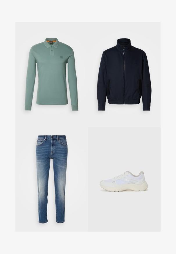 Navy blue jacket with a high collar, front zipper, side pockets, and ribbed cuffs. Smooth texture with a subtle logo detail on the chest.; BOSS PASSERBY - Polo shirt - open green; Blue denim jeans featuring a straight leg design, light fading, classic five-pocket styling, and a zip fly with button closure.; White athletic shoes made of mesh and suede, featuring a textured midsole, textured accents, and "HUGO" logo on the side.