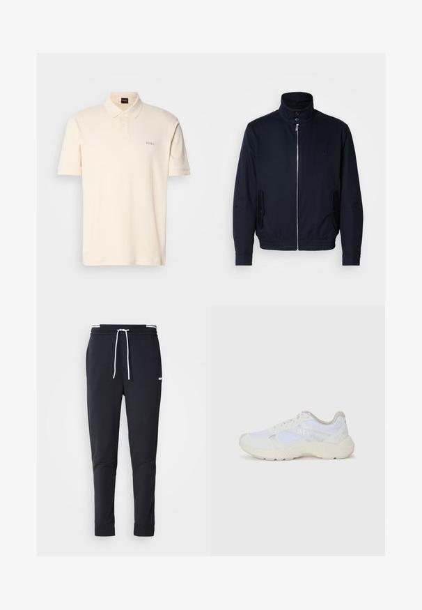 Tamsiai mėlyna striukė su aukšta apykakle, priekine užtrauktuku, šoninėmis kišenėmis ir gipiūriniais rankogaliais. Lygus paviršius su subtiliu logotipu ant krūtinės.; Kremo spalvos polo marškiniai, pagaminti iš medvilnės, su dviem mygtukų užsegimu ir mažuoju siuvinėtu „BOSS“ logotipu kairėje krūtinės pusėje. Trumpi rankovės.; Juodi liekni džinsai su balta raišteliu, elastinga juosmens juosta su baltais raštais ir maža balta logotipu viršutiniame šlaunies taške.; Balti sportiniai bateliai, pagaminti iš tinklinės medžiagos ir zomšos, su tekstūruotu viduriu, tekstūruotais akcentais ir „HUGO“ logotipu šone.