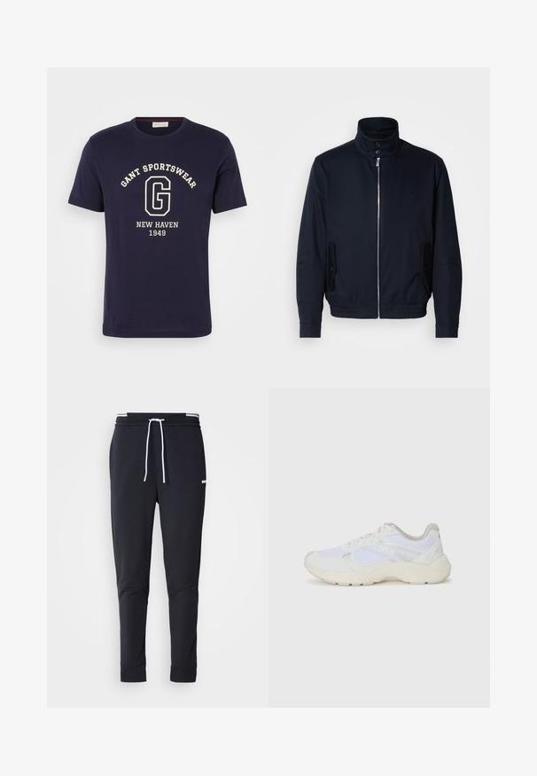 Jūras zils žakets ar augstu apkakli, priekšējo rāvējslēdzi, sānu kabatām un ribotajiem piedurknēm. Gluda tekstūra ar nelielu logotipa detaļu uz krūšu.; Jūras spēku kokvilnas T-krekls ar baltu grafiku, kurā ir vārdi "GANT SPORTSWEAR", "NEW HAVEN" un "1949". Ar apaļu kakla izgriezumu un īsām piedurknēm.; Melnas pieguļošas jogger bikses ar baltu auklu, elastīgu jostasvietu ar baltām svītrām un mazu baltu logotipu augšstilbā.; Baltas sporta apavi, kas izgatavoti no sieta un zamšāda, ar teksturētu starpzoli, teksturētām akcentēm un "HUGO" logo sānos.