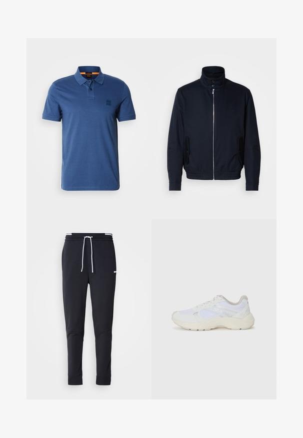 Tamsiai mėlyna striukė su aukšta apykakle, priekine užtrauktuku, šoninėmis kišenėmis ir gipiūriniais rankogaliais. Lygus paviršius su subtiliu logotipu ant krūtinės.; Tamsiai mėlyna polo marškinėlių su klasikinėm apykakle, trimis mygtukais priekyje ir maža logotipo etikete ant krūtinės.; Juodi liekni džinsai su balta raišteliu, elastinga juosmens juosta su baltais raštais ir maža balta logotipu viršutiniame šlaunies taške.; Balti sportiniai bateliai, pagaminti iš tinklinės medžiagos ir zomšos, su tekstūruotu viduriu, tekstūruotais akcentais ir „HUGO“ logotipu šone.