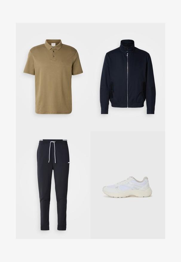 Laivansinis takki, jossa on korkea kaulus, edessä vetoketju, sivutaskut ja ribattu hihansuu. Sileä pinta, jossa on hienovarainen logo-ominaisuus rinnassa.; Oliivinvihreä polo-paita pehmeästä kankaasta, jossa on klassinen kaulus, kolme nappia ja pieni brodeerattu logo rinnassa.; Mustat slim-fit collegehousut, joissa on valkoinen naru, joustava vyötärö valkoisilla raidoilla ja pieni valkoinen logo reiden yläosassa.; Valkoiset urheilukengät, jotka on valmistettu verkkokankaasta ja mokasta, sisältävät tekstuurillisen välipohjan, teksturoituja yksityiskohtia ja "HUGO"-logon sivussa.