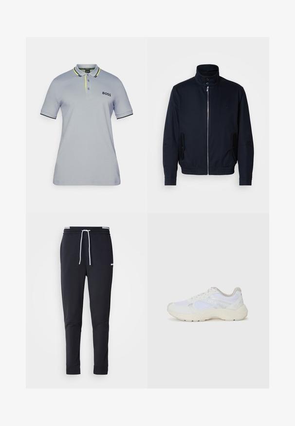 Casaco azul marinho com colarinho alto, fecho éclair frontal, bolsos laterais e punhos canelados. Textura suave com um detalhe logo discreto no peito.; Polo shirt cinza claro com detalhes em preto e amarelo brilhante. Apresenta um colarinho, palas de três botões e um logótipo bordado no peito.; Calças de jogger ajustadas pretas com cordão branco, cintura elástica com riscas brancas e pequeno logo branco na parte superior da coxa.; Ténis brancos desportivos feitos de malha e camurça, com uma entressola texturizada, elementos texturizados e o logótipo "HUGO" na lateral.