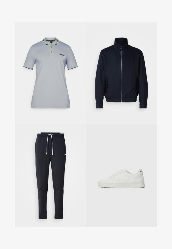 Námořnická modrá bunda s vysokým límcem, předním zipem, bočními kapsami a vroubkovanými manžetami. Hladká textura s jemným logem na hrudi.; Svetle šedé polo tričko s černými a jasně žlutými akcenty. Obsahuje límeček, zapínání na tři knoflíky a vyšitý logo na prsou.; Černé slim-fit jogger kalhoty s bílým stahovacím proužkem, elastickým pasem s bílými pruhy a malým bílým logem na horní části stehna.; Bílé kožené tenisky s hladkým povrchem, kulatou špičkou, plochými tkaničkami a texturovanou podrážkou. Na patě se nachází nenápadné logo.
