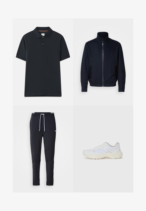 Laivansinis takki, jossa on korkea kaulus, edessä vetoketju, sivutaskut ja ribattu hihansuu. Sileä pinta, jossa on hienovarainen logo-ominaisuus rinnassa.; Laivastosininen polo paita, jossa on lyhyet hihat, kaulus, kolmen napin suljenta ja pieni vihreä brodeerattu yksityiskohta rinnassa.; Mustat slim-fit collegehousut, joissa on valkoinen naru, joustava vyötärö valkoisilla raidoilla ja pieni valkoinen logo reiden yläosassa.; Valkoiset urheilukengät, jotka on valmistettu verkkokankaasta ja mokasta, sisältävät tekstuurillisen välipohjan, teksturoituja yksityiskohtia ja "HUGO"-logon sivussa.
