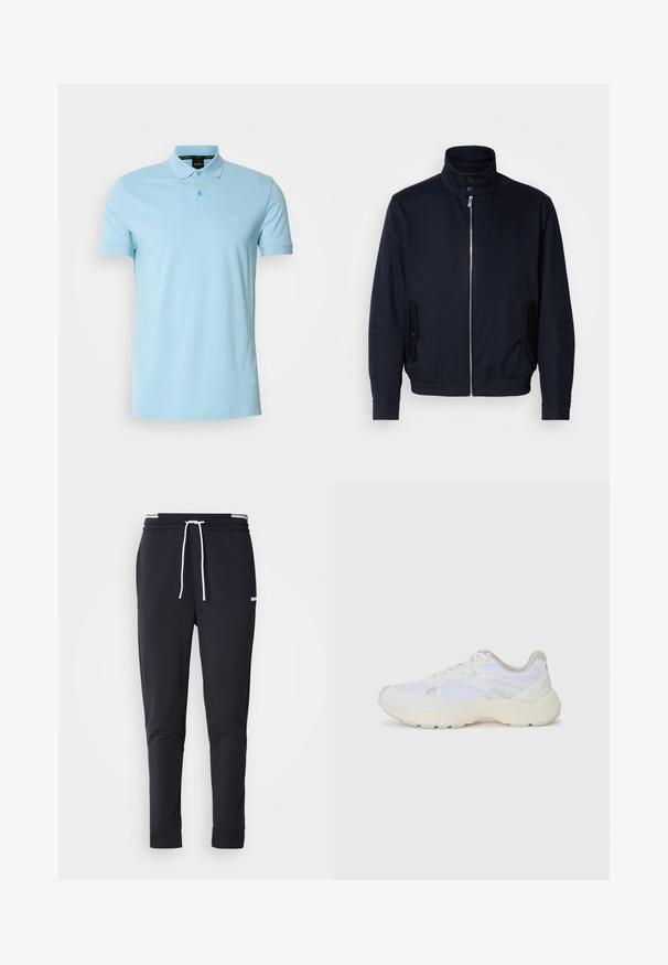 Casaco azul marinho com colarinho alto, fecho éclair frontal, bolsos laterais e punhos canelados. Textura suave com um detalhe logo discreto no peito.; Polo de cor azul clara feito de algodão. Possui uma abertura de dois botões, mangas curtas e um logotipo discreto no peito. Textura suave.; Calças de jogger ajustadas pretas com cordão branco, cintura elástica com riscas brancas e pequeno logo branco na parte superior da coxa.; Ténis brancos desportivos feitos de malha e camurça, com uma entressola texturizada, elementos texturizados e o logótipo "HUGO" na lateral.