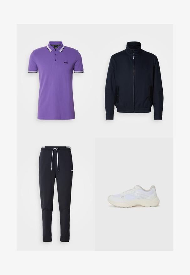 Tamsiai mėlyna striukė su aukšta apykakle, priekine užtrauktuku, šoninėmis kišenėmis ir gipiūriniais rankogaliais. Lygus paviršius su subtiliu logotipu ant krūtinės.; Violet polo marškinėliai su tradiciniu apykakle, turinčiais tris mygtukus, juodai baltas dryžuotas akcentas ant apykaklės ir rankovių, ir mažas logotipas.; Juodi liekni džinsai su balta raišteliu, elastinga juosmens juosta su baltais raštais ir maža balta logotipu viršutiniame šlaunies taške.; Balti sportiniai bateliai, pagaminti iš tinklinės medžiagos ir zomšos, su tekstūruotu viduriu, tekstūruotais akcentais ir „HUGO“ logotipu šone.