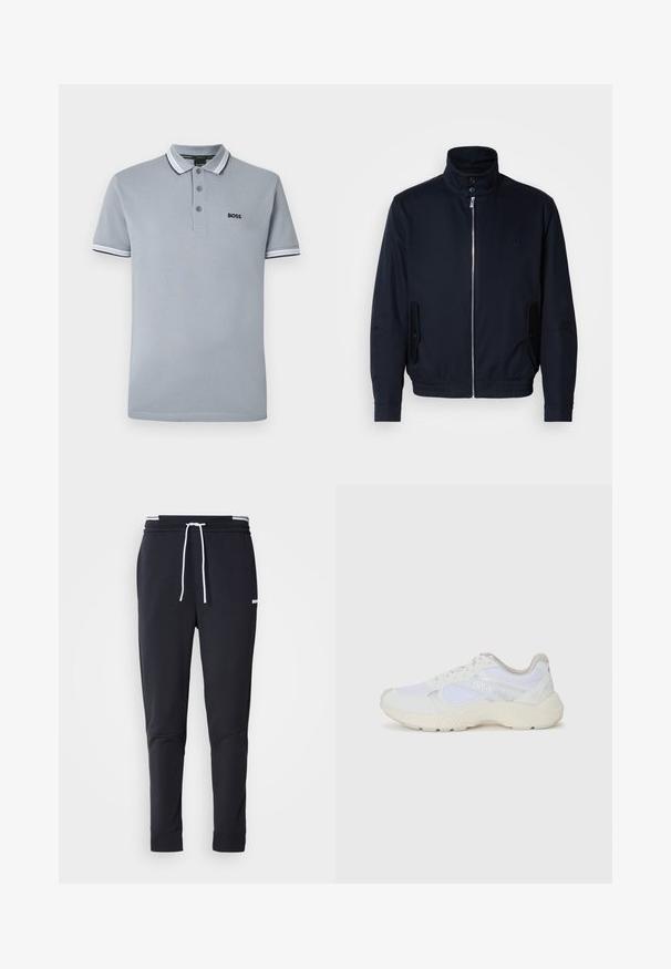 Casaco azul marinho com colarinho alto, fecho éclair frontal, bolsos laterais e punhos canelados. Textura suave com um detalhe logo discreto no peito.; Polo de cor cinza claro com três botões, bainha bicolor no colarinho e nas mangas, e um pequeno logótipo preto "BOSS" no peito.; Calças de jogger ajustadas pretas com cordão branco, cintura elástica com riscas brancas e pequeno logo branco na parte superior da coxa.; Ténis brancos desportivos feitos de malha e camurça, com uma entressola texturizada, elementos texturizados e o logótipo "HUGO" na lateral.
