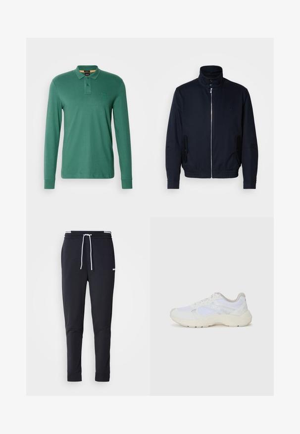 Marineblauwe jas met hoge kraag, voorsluiting met rits, zijzakken en ribgebreide manchetten. Gladde textuur met een subtiele logo-detail op de borst.; Poloshirt met lange mouwen in groen katoen, voorzien van een knoopsluiting met twee knopen en een subtiele logo-opdruk op de borst. Zachte textuur, klassieke pasvorm.; Zwarte slim-fit joggerbroek met witte trekkoord, elastische tailleband met witte strepen en klein wit logo op het bovenbeen.; Witte sportief schoenen van mesh en suede, met een gestructureerde tussenzool, gestructureerde accenten en het "HUGO" logo aan de zijkant.