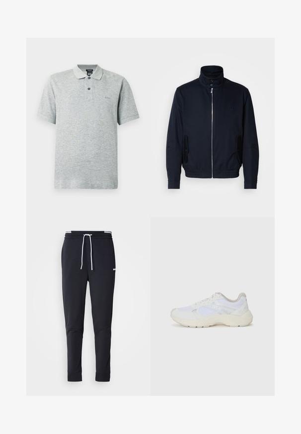 Laivansinis takki, jossa on korkea kaulus, edessä vetoketju, sivutaskut ja ribattu hihansuu. Sileä pinta, jossa on hienovarainen logo-ominaisuus rinnassa.; Vaaleanharmaa puuvillasekoitepikeepaita, lyhyet hihat, teksturoitu kangas, kaksipainikkeinen nappilista, hillitty logo rinnassa.; Mustat slim-fit collegehousut, joissa on valkoinen naru, joustava vyötärö valkoisilla raidoilla ja pieni valkoinen logo reiden yläosassa.; Valkoiset urheilukengät, jotka on valmistettu verkkokankaasta ja mokasta, sisältävät tekstuurillisen välipohjan, teksturoituja yksityiskohtia ja "HUGO"-logon sivussa.