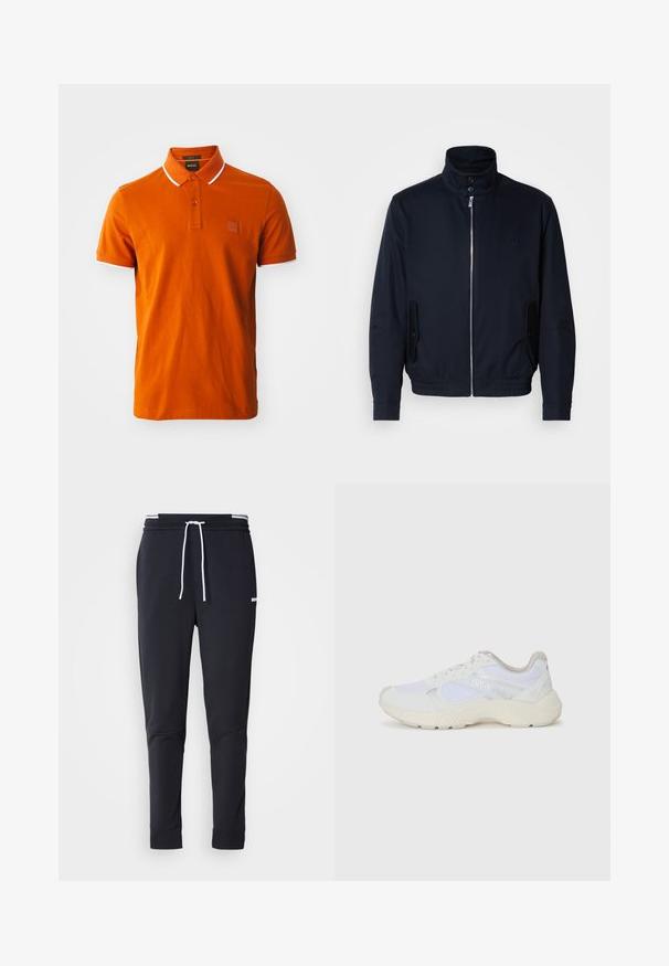 Navy blue jacket with a high collar, front zipper, side pockets, and ribbed cuffs. Smooth texture with a subtle logo detail on the chest.; Orange polo shirt made of cotton, featuring a two-button placket, white accents on the collar and sleeves, and a branded patch.; Black slim-fit jogger pants with white drawstring, elastic waistband with white stripes, and small white logo on the upper thigh.; White athletic shoes made of mesh and suede, featuring a textured midsole, textured accents, and "HUGO" logo on the side.