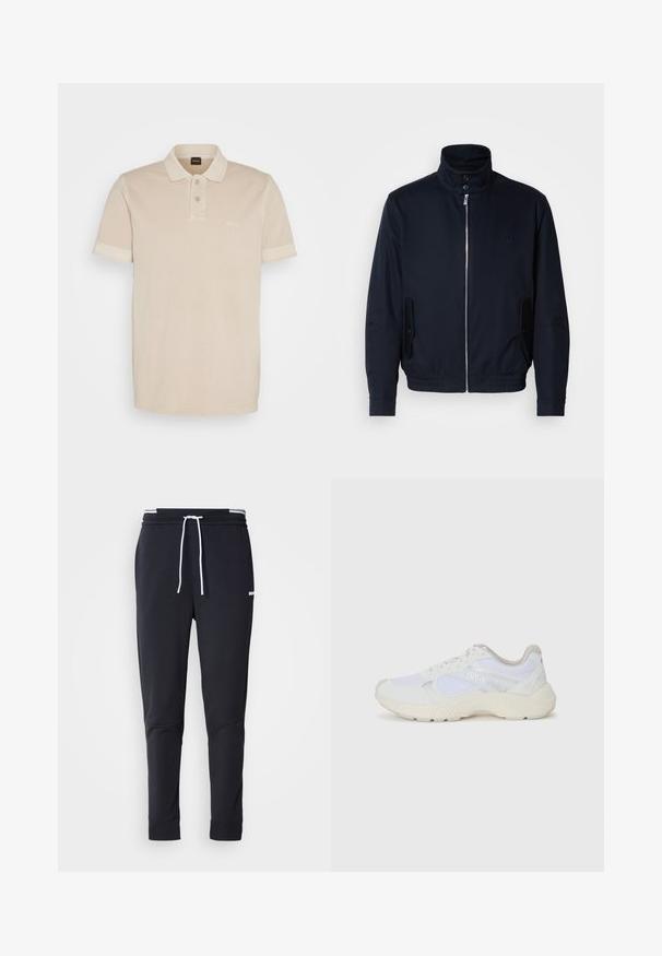 Marinblå jacka med hög krage, frontdragkedja, sidofickor och ribbade ärmar. Slät textur med en diskret logodetalj på bröstet.; Beige polo skjorta gjord av mjuk bomull. Den har en klassisk krage, två knappar och en liten broderad logotyp på bröstet.; Svarta slim-fit joggerbyxor med vit dragsko, elastisk midja med vita ränder och en liten vit logotyp på övre låret.; Vitaidrottsskor i mesh och mocka med en strukturerad mellansula, texturerade accenter och "HUGO"-logotypen på sidan.