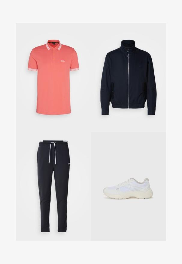 Marinblå jacka med hög krage, frontdragkedja, sidofickor och ribbade ärmar. Slät textur med en diskret logodetalj på bröstet.; BOSS PADDY - Piké - open red six; Svarta slim-fit joggerbyxor med vit dragsko, elastisk midja med vita ränder och en liten vit logotyp på övre låret.; Vitaidrottsskor i mesh och mocka med en strukturerad mellansula, texturerade accenter och "HUGO"-logotypen på sidan.