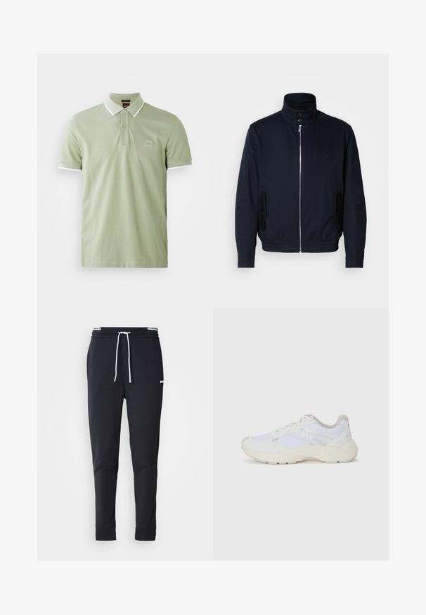 Navy blue jacket with a high collar, front zipper, side pockets, and ribbed cuffs. Smooth texture with a subtle logo detail on the chest.; Light green polo shirt made of cotton, features a classic collar, two-button placket, and white trim on collar and sleeves. Square logo on chest.; Black slim-fit jogger pants with white drawstring, elastic waistband with white stripes, and small white logo on the upper thigh.; White athletic shoes made of mesh and suede, featuring a textured midsole, textured accents, and "HUGO" logo on the side.