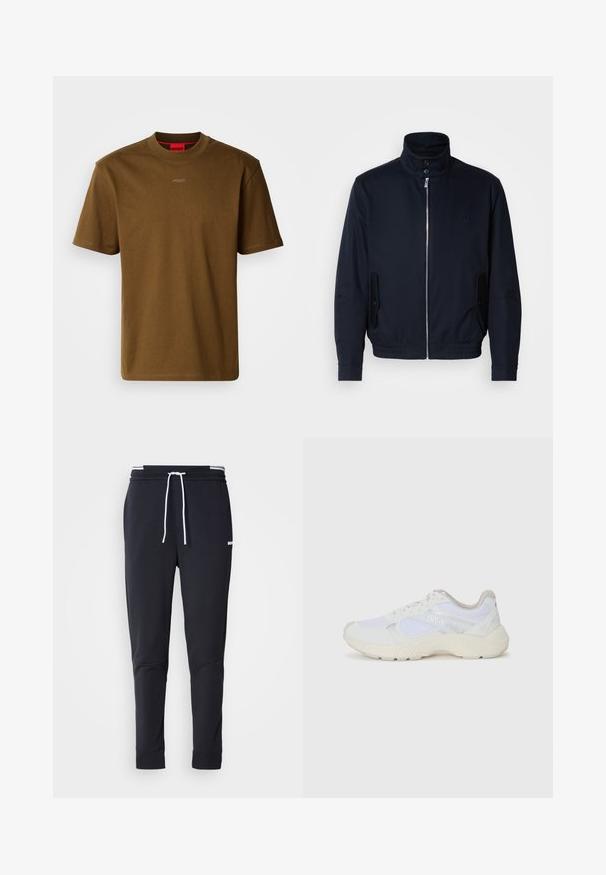 Casaco azul marinho com colarinho alto, fecho éclair frontal, bolsos laterais e punhos canelados. Textura suave com um detalhe logo discreto no peito.; T-shirt de algodão castanho com gola redonda, mangas curtas e um discreto logótipo "HUGO" em cinza claro no peito. Textura suave, corte regular.; Calças de jogger ajustadas pretas com cordão branco, cintura elástica com riscas brancas e pequeno logo branco na parte superior da coxa.; Ténis brancos desportivos feitos de malha e camurça, com uma entressola texturizada, elementos texturizados e o logótipo "HUGO" na lateral.