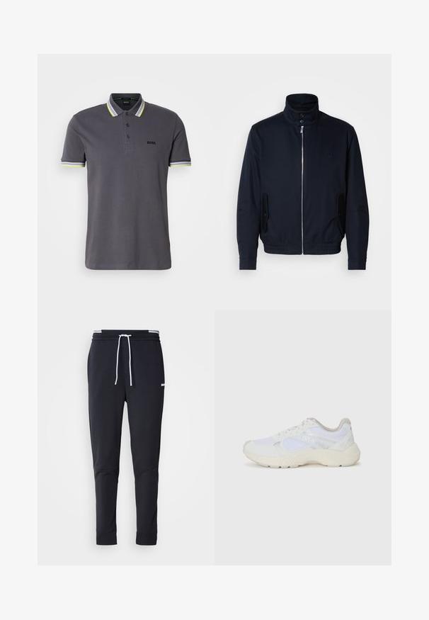 Chaqueta azul marino con un alto cuello, cierre frontal, bolsillos laterales y puños acanalados. Textura suave con un sutil detalle de logo en el pecho.; Polo gris de algodón con una tapeta de tres botones, que presenta acentos a rayas en amarillo y blanco en el cuello y las mangas.; Pantalones jogger ajustados negros con cordón blanco, cinturilla elástica con rayas blancas y pequeño logotipo blanco en el muslo superior.; Zapatillas deportivas blancas hechas de malla y ante, con una entresuela texturizada, acentos texturizados y el logo "HUGO" en el lateral.