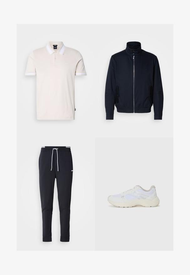 Marineblå jakke med høy krage, glidelås foran, sidelommer og ribbestrikkede mansjetter. Glatt tekstur med en subtil logo detaljer på brystet.; Beige polo skjorte med en to-knapp placket, hvit stripet krage og matchende mansjettakenter. Laget av glatt, lett stoff.; Sorte slim-fit joggebukser med hvit snor, elastisk midjebånd med hvite striper, og en liten hvit logo på overlåret.; Hvit idrettssko laget av mesh og skinn, med en teksturert mellomsåle, teksturerte detaljer og "HUGO"-logo på siden.