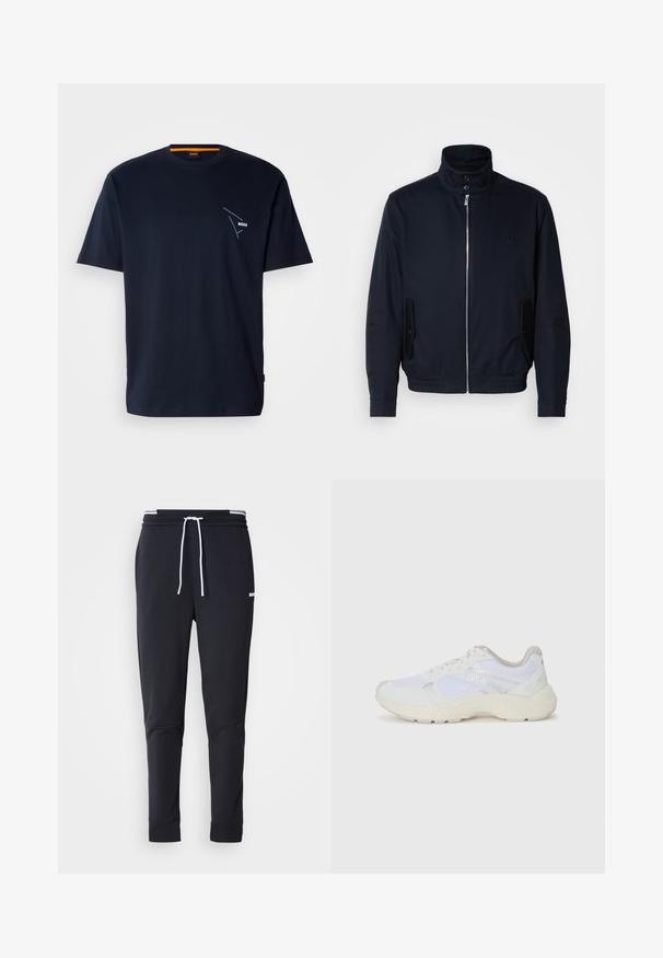 Navy blue jacket with a high collar, front zipper, side pockets, and ribbed cuffs. Smooth texture with a subtle logo detail on the chest.; Navy blue cotton T-shirt with short sleeves, crew neck, and logo detail in white on the left chest area. Smooth texture. Regular fit.; Black slim-fit jogger pants with white drawstring, elastic waistband with white stripes, and small white logo on the upper thigh.; White athletic shoes made of mesh and suede, featuring a textured midsole, textured accents, and "HUGO" logo on the side.