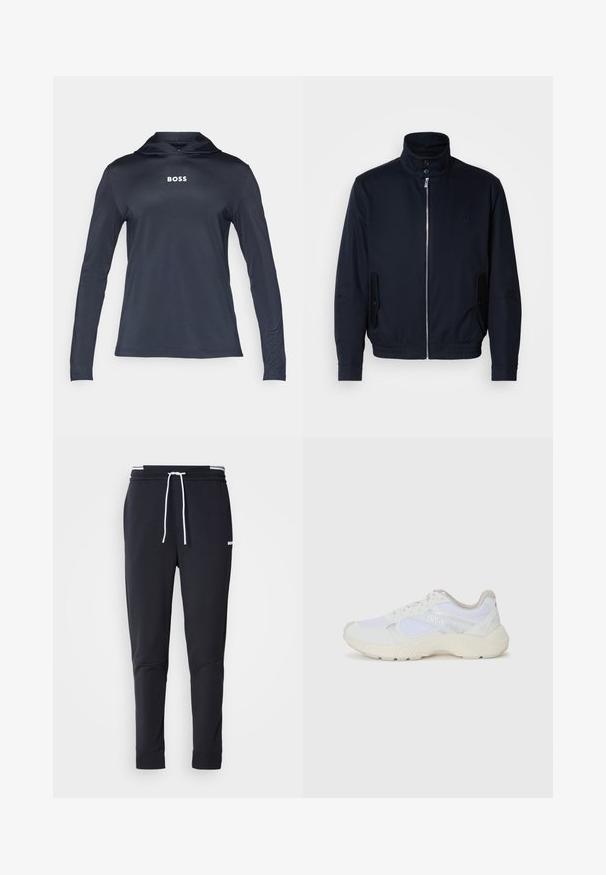 Casaco azul marinho com colarinho alto, fecho éclair frontal, bolsos laterais e punhos canelados. Textura suave com um detalhe logo discreto no peito.; Hoodie de manga longa em azul marinho feito de material leve e suave. Apresenta um capuz com cordão e a palavra "BOSS" impressa em branco no peito.; Calças de jogger ajustadas pretas com cordão branco, cintura elástica com riscas brancas e pequeno logo branco na parte superior da coxa.; Ténis brancos desportivos feitos de malha e camurça, com uma entressola texturizada, elementos texturizados e o logótipo "HUGO" na lateral.
