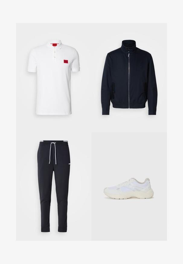 Marineblå jakke med høj krave, frontlynlås, sidelommer og ribstrikkede manchetter. Glat tekstur med en diskret logo detaljer på brystet.; Hvid polo t-shirt lavet af bomuld, med en tre-knaps placket, korte ærmer og et rødt rektangulært logo patch på venstre bryst.; Sorte slim-fit joggingbukser med hvid snor, elastisk talje med hvide striber og lille hvidt logo på den øverste lår.; Hvide sportssko lavet af mesh og ruskind, med en struktureret mellemsål, strukturerede detaljer og "HUGO"-logoet på siden.
