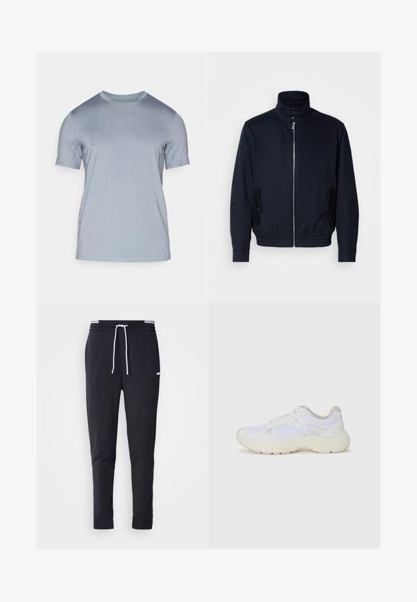 Námořnická modrá bunda s vysokým límcem, předním zipem, bočními kapsami a vroubkovanými manžetami. Hladká textura s jemným logem na hrudi.; Světle modré sportovní tričko vyrobené z hladkého, lehkého materiálu. Obsahuje kulatý výstřih a jemně vyražené logo na přední straně. Krátké rukávy.; Černé slim-fit jogger kalhoty s bílým stahovacím proužkem, elastickým pasem s bílými pruhy a malým bílým logem na horní části stehna.; Bílé sportovní boty vyrobené z síťoviny a semiše, s texturovanou mezipodešví, texturovanými akcenty a logem "HUGO" na boku.