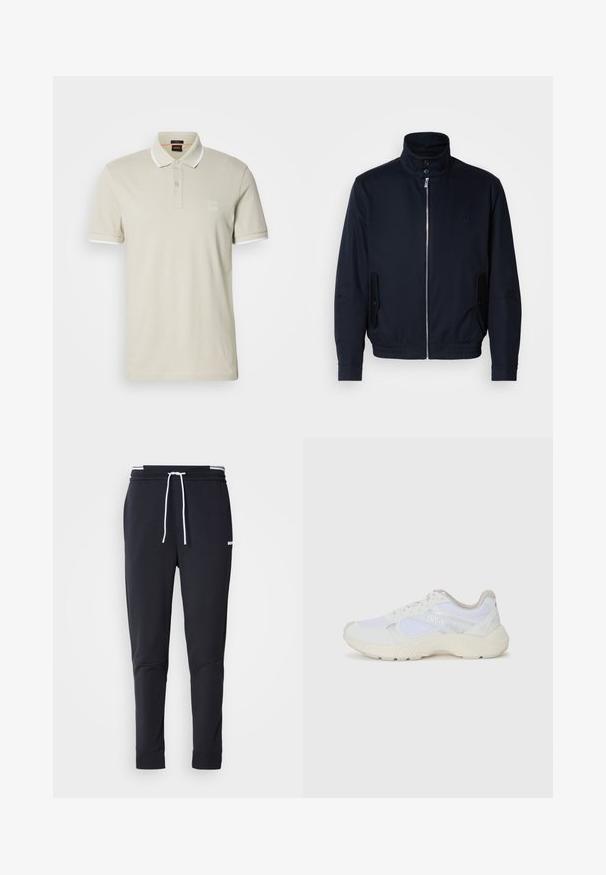 Marineblå jakke med høj krave, frontlynlås, sidelommer og ribstrikkede manchetter. Glat tekstur med en diskret logo detaljer på brystet.; Polo shirt i lys beige bomuld med hvide detaljer på kraven og ærmerne, der har en to-knap lukning og et logo patch på brystet.; Sorte slim-fit joggingbukser med hvid snor, elastisk talje med hvide striber og lille hvidt logo på den øverste lår.; Hvide sportssko lavet af mesh og ruskind, med en struktureret mellemsål, strukturerede detaljer og "HUGO"-logoet på siden.