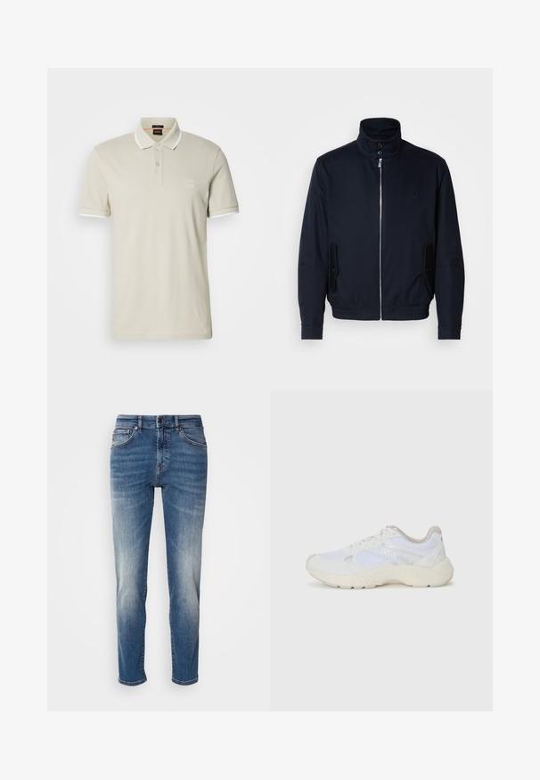 Casaco azul marinho com colarinho alto, fecho éclair frontal, bolsos laterais e punhos canelados. Textura suave com um detalhe logo discreto no peito.; Camisa polo em algodão bege claro com colarinho e detalhes nas mangas em branco, apresentando uma lista de dois botões e um patch com o logotipo no peito.; Jeans de ganga azul com um design de perna reta, desbotamento ligeiro, estilo clássico de cinco bolsos e fecho de zip com botão.; Ténis brancos desportivos feitos de malha e camurça, com uma entressola texturizada, elementos texturizados e o logótipo "HUGO" na lateral.