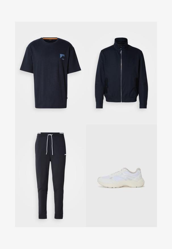 Jachetă bleumarin cu guler înalt, fermoar frontal, buzunare laterale și mansete cu nervuri. Textură netedă cu un detaliu subtil al logo-ului pe piept.; Tricou din bumbac bleu marin, cu guler rotund, mâneci scurte și un mic logo al unui munte albastru pe pieptul stâng. Material ușor.; Pantaloni jogger slim-fit negri cu șnur alb, talie elastică cu dungi albe și un mic logo alb pe coapsa superioară.; Adidași albi, din plasă și piele întoarsă, cu o talpă intermediară texturată, accente texturate și logo-ul "HUGO" pe lateral.