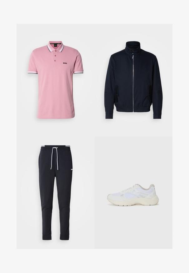 Marineblå jakke med høy krage, glidelås foran, sidelommer og ribbestrikkede mansjetter. Glatt tekstur med en subtil logo detaljer på brystet.; Rosa polo skjorte laget av bomull, med tre-knaps placket, svart "BOSS"-logo og stripete hvite og svarte detaljer på ermekantene.; Sorte slim-fit joggebukser med hvit snor, elastisk midjebånd med hvite striper, og en liten hvit logo på overlåret.; Hvit idrettssko laget av mesh og skinn, med en teksturert mellomsåle, teksturerte detaljer og "HUGO"-logo på siden.