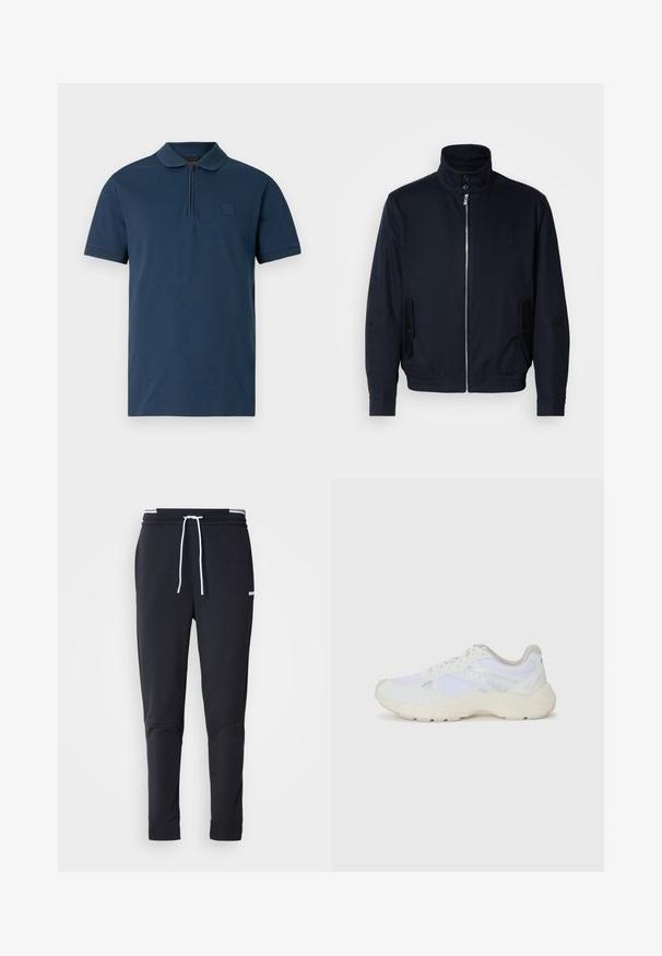 Tamsiai mėlyna striukė su aukšta apykakle, priekine užtrauktuku, šoninėmis kišenėmis ir gipiūriniais rankogaliais. Lygus paviršius su subtiliu logotipu ant krūtinės.; Tamsiai mėlynas trumpomis rankovėmis polo marškinėliai su apykakle ir priekyje esančia užtrauktuku, ant kairės krūtinės esančiu mažyčiu įspaustu logotipu.; Juodi liekni džinsai su balta raišteliu, elastinga juosmens juosta su baltais raštais ir maža balta logotipu viršutiniame šlaunies taške.; Balti sportiniai bateliai, pagaminti iš tinklinės medžiagos ir zomšos, su tekstūruotu viduriu, tekstūruotais akcentais ir „HUGO“ logotipu šone.