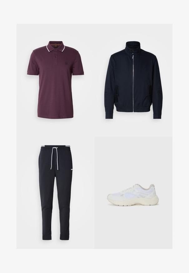 Marineblaue Jacke mit hohem Kragen, Vorderreißverschluss, seitlichen Taschen und gerippten Bündchen. Glatte Textur mit einem dezenten Logodetail auf der Brust.; Dunkelviolettes Poloshirt mit einer Zwei-Knopf-Leiste, weißen Akzenten am Kragen und an den Ärmeln sowie einem kleinen Logopatch auf der Brust.; Schwarze Slim-Fit-Jogginghose mit weißem Kordelzug, elastischem Bund mit weißen Streifen und kleinem weißen Logo am oberen Oberschenkel.; Weiße Sportschuhe aus Mesh und Wildleder, mit einer strukturierten Zwischensohle, strukturierten Akzenten und dem "HUGO"-Logo an der Seite.