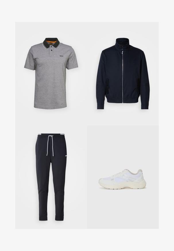 Marineblå jakke med høy krage, glidelås foran, sidelommer og ribbestrikkede mansjetter. Glatt tekstur med en subtil logo detaljer på brystet.; Grå polo skjorte laget av bomullsblanding, med svart krage med hvite striper, to-knaps placket, og brodert logo på brystet.; Sorte slim-fit joggebukser med hvit snor, elastisk midjebånd med hvite striper, og en liten hvit logo på overlåret.; Hvit idrettssko laget av mesh og skinn, med en teksturert mellomsåle, teksturerte detaljer og "HUGO"-logo på siden.