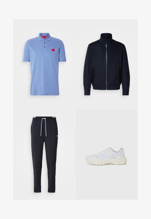 Marineblå jakke med høy krage, glidelås foran, sidelommer og ribbestrikkede mansjetter. Glatt tekstur med en subtil logo detaljer på brystet.; Lys blå polo skjorte i bomull, med en tre-knappslukking, ribbet krage og en kontrasterende rød logo-lapp på brystet.; Sorte slim-fit joggebukser med hvit snor, elastisk midjebånd med hvite striper, og en liten hvit logo på overlåret.; Hvit idrettssko laget av mesh og skinn, med en teksturert mellomsåle, teksturerte detaljer og "HUGO"-logo på siden.