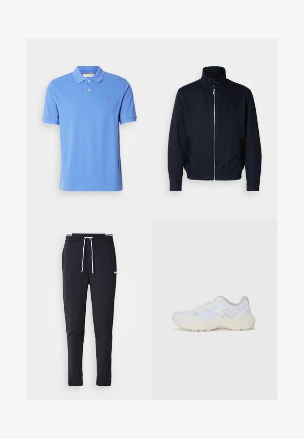 Námořnická modrá bunda s vysokým límcem, předním zipem, bočními kapsami a vroubkovanými manžetami. Hladká textura s jemným logem na hrudi.; Modrá polo košile vyrobená z bavlny, s klasickým límečkem, dvoubarevným zapínáním na knoflíky a vyšitým logem na hrudi. Krátké rukávy.; Černé slim-fit jogger kalhoty s bílým stahovacím proužkem, elastickým pasem s bílými pruhy a malým bílým logem na horní části stehna.; Bílé sportovní boty vyrobené z síťoviny a semiše, s texturovanou mezipodešví, texturovanými akcenty a logem "HUGO" na boku.