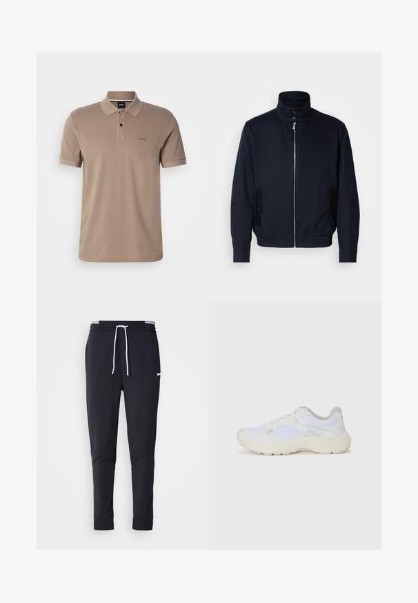 Casaco azul marinho com colarinho alto, fecho éclair frontal, bolsos laterais e punhos canelados. Textura suave com um detalhe logo discreto no peito.; Camisa polo de manga curta bege, com colarinho, dois botões e logótipo "BOSS" bordado no lado esquerdo do peito.; Calças de jogger ajustadas pretas com cordão branco, cintura elástica com riscas brancas e pequeno logo branco na parte superior da coxa.; Ténis brancos desportivos feitos de malha e camurça, com uma entressola texturizada, elementos texturizados e o logótipo "HUGO" na lateral.