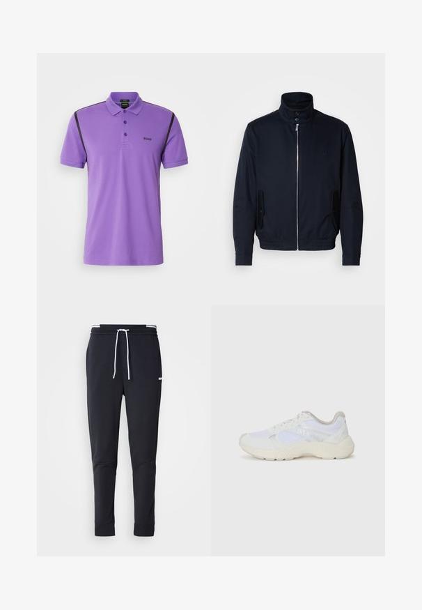 Mornarsko moder plašč z visokim ovratnikom, sprednjim zadrge, stranskimi žepi in rebrastimi manšetami. Gladka tekstura s subtilno detajlom logotipa na prsih.; Vijolična polo majica s klasičnim ovratnikom, tremi gumbi in črnimi poudarki ob ramenih. Narejena iz mehke, strukturirane tkanine.; Črne slim-fit jogger hlače z belo vrvico, elastičnim pasom z belimi črtami in majhnim belim logotipom na zgornjem stegnu.; Bela športna obuvala iz mrežastega in semiš materiala, z teksturiranim podplatom, teksturiranimi dodatki in logotipom "HUGO" na strani.