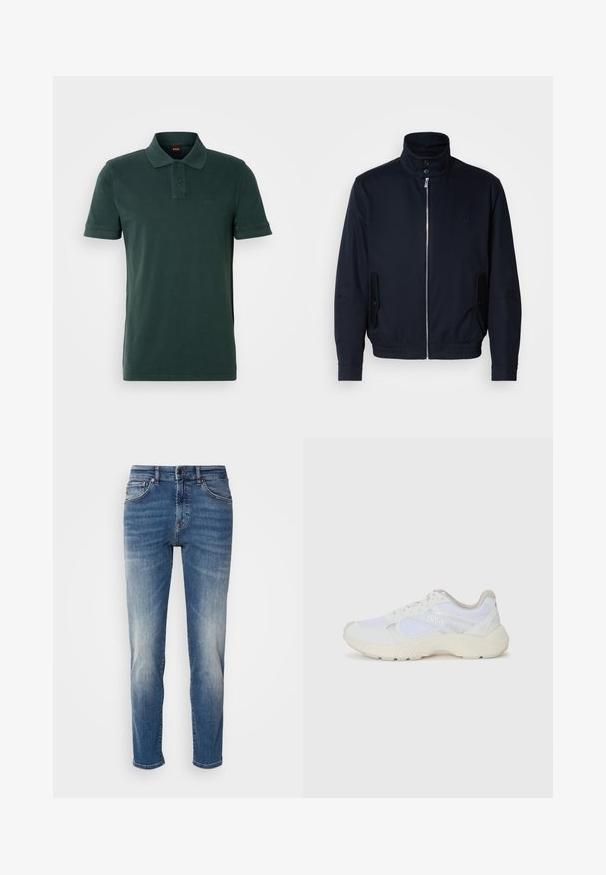 Laivansinis takki, jossa on korkea kaulus, edessä vetoketju, sivutaskut ja ribattu hihansuu. Sileä pinta, jossa on hienovarainen logo-ominaisuus rinnassa.; Tummanvihreä poolopaita, joka on valmistettu puuvillasta. Paidassa on kahden napin kaulus, lyhyet hihat ja hillitty logo vasemmassa rinnassa.; Siniset farkut, joissa on suora lahje, vaaleaa kulumista, klassinen viisi-taskumalli sekä vetoketjukiinnitys nappisulkimella.; Valkoiset urheilukengät, jotka on valmistettu verkkokankaasta ja mokasta, sisältävät tekstuurillisen välipohjan, teksturoituja yksityiskohtia ja "HUGO"-logon sivussa.