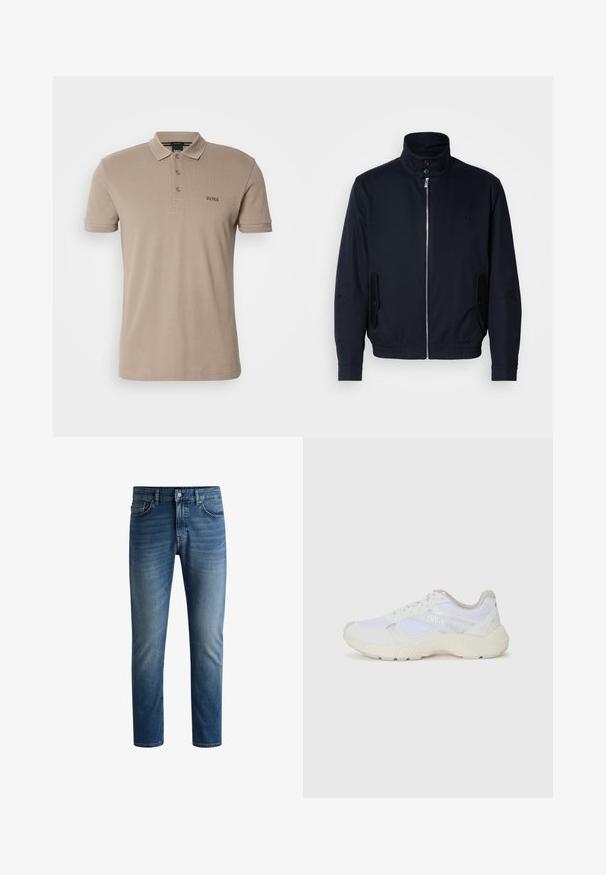 Marineblå jakke med høy krage, glidelås foran, sidelommer og ribbestrikkede mansjetter. Glatt tekstur med en subtil logo detaljer på brystet.; Beige polo skjorte laget av bomull med klassisk krage, tre knapper foran, og en liten brodert logo på brystet. Korte ermer.; Mørk blå denimjeans med rett snitt, fem lommers design, lys falming på lårene, og en enkelt knapp i midjen.; Hvit idrettssko laget av mesh og skinn, med en teksturert mellomsåle, teksturerte detaljer og "HUGO"-logo på siden.
