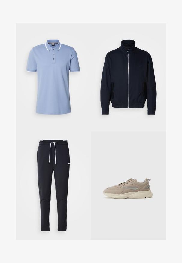 Námořnická modrá bunda s vysokým límcem, předním zipem, bočními kapsami a vroubkovanými manžetami. Hladká textura s jemným logem na hrudi.; Světle modré polo tričko s dvoubarevným zapínáním na knoflíky, bílým límečkem a akcenty na manžetách, a jemně vyšitým logem na hrudi.; Černé slim-fit jogger kalhoty s bílým stahovacím proužkem, elastickým pasem s bílými pruhy a malým bílým logem na horní části stehna.; Béžové semišové tenisky s texturovaným povrchem, zdobené stříbrnými akcenty, silnou krémovou podrážkou a polstrovaným límcem. Šňůrky procházejí očky na vrchu.