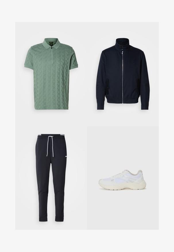 Mornarsko moder plašč z visokim ovratnikom, sprednjim zadrge, stranskimi žepi in rebrastimi manšetami. Gladka tekstura s subtilno detajlom logotipa na prsih.; Zelena polo majica s kratkimi rokavi z teksturiranim geometrijskim vzorcem, zadrgo pri ovratniku in subtilno vezeno oznako na prsih.; Črne slim-fit jogger hlače z belo vrvico, elastičnim pasom z belimi črtami in majhnim belim logotipom na zgornjem stegnu.; Bela športna obuvala iz mrežastega in semiš materiala, z teksturiranim podplatom, teksturiranimi dodatki in logotipom "HUGO" na strani.