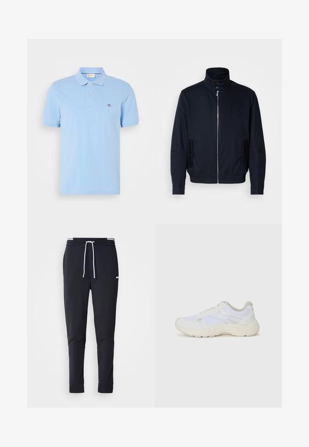Marineblauwe jas met hoge kraag, voorsluiting met rits, zijzakken en ribgebreide manchetten. Gladde textuur met een subtiele logo-detail op de borst.; Lichtblauwe poloshirt van katoen, met een klassieke kraag, een twee-knops sluiting en een klein geborduurd logo op de borst.; Zwarte slim-fit joggerbroek met witte trekkoord, elastische tailleband met witte strepen en klein wit logo op het bovenbeen.; Witte sportief schoenen van mesh en suede, met een gestructureerde tussenzool, gestructureerde accenten en het "HUGO" logo aan de zijkant.