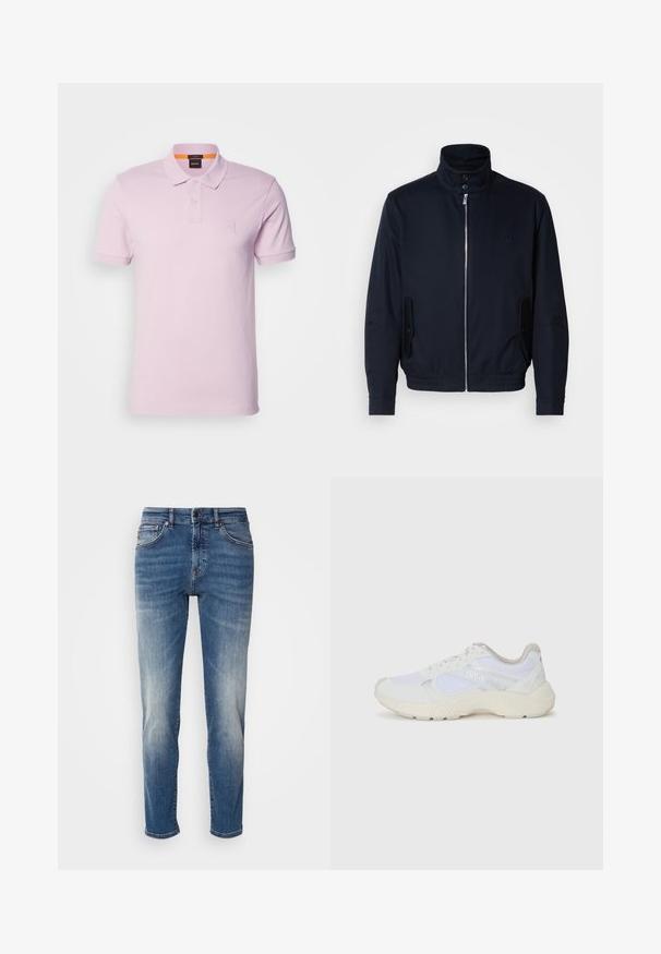 Marineblå jakke med høy krage, glidelås foran, sidelommer og ribbestrikkede mansjetter. Glatt tekstur med en subtil logo detaljer på brystet.; BOSS PASSENGER - Poloskjorter - open purple; Blå denimjeans med rette ben, lys falming, klassisk fem-lomme-stil og glidelås med knappelukking.; Hvit idrettssko laget av mesh og skinn, med en teksturert mellomsåle, teksturerte detaljer og "HUGO"-logo på siden.