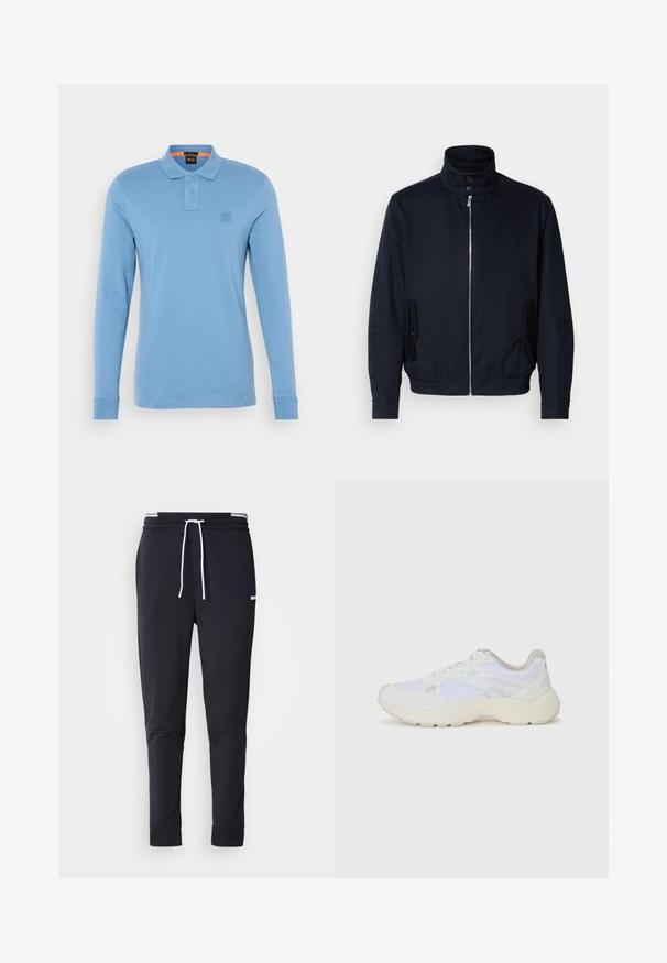 Casaco azul marinho com colarinho alto, fecho éclair frontal, bolsos laterais e punhos canelados. Textura suave com um detalhe logo discreto no peito.; Camisa de polo de manga longa em azul claro, feita de tecido macio, com colarinho, placket de três botões e um pequeno logotipo no peito.; Calças de jogger ajustadas pretas com cordão branco, cintura elástica com riscas brancas e pequeno logo branco na parte superior da coxa.; Ténis brancos desportivos feitos de malha e camurça, com uma entressola texturizada, elementos texturizados e o logótipo "HUGO" na lateral.