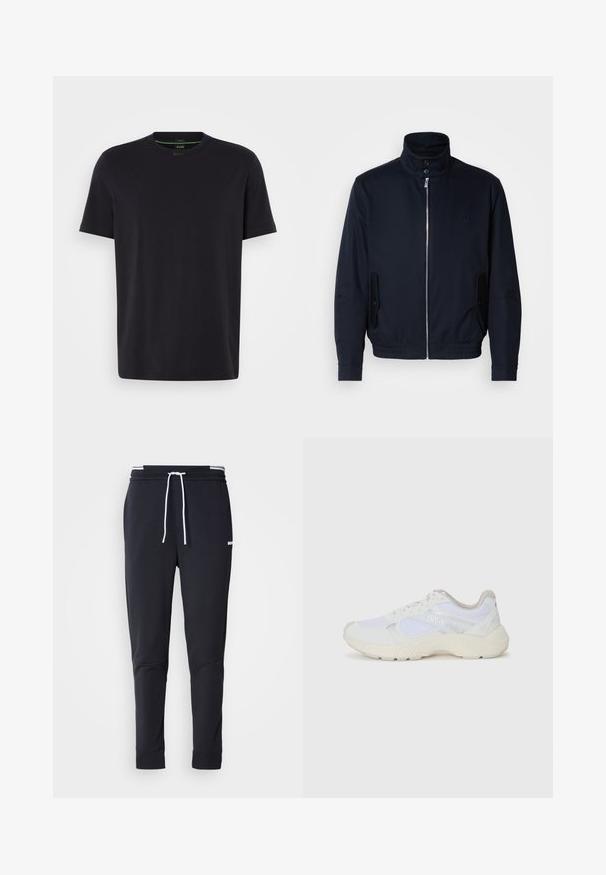 Casaco azul marinho com colarinho alto, fecho éclair frontal, bolsos laterais e punhos canelados. Textura suave com um detalhe logo discreto no peito.; Camiseta preta de manga curta feita de algodão. Apresenta um decote redondo com acabamento em ribana e um logótipo discreto na gola. Textura suave.; Calças de jogger ajustadas pretas com cordão branco, cintura elástica com riscas brancas e pequeno logo branco na parte superior da coxa.; Ténis brancos desportivos feitos de malha e camurça, com uma entressola texturizada, elementos texturizados e o logótipo "HUGO" na lateral.