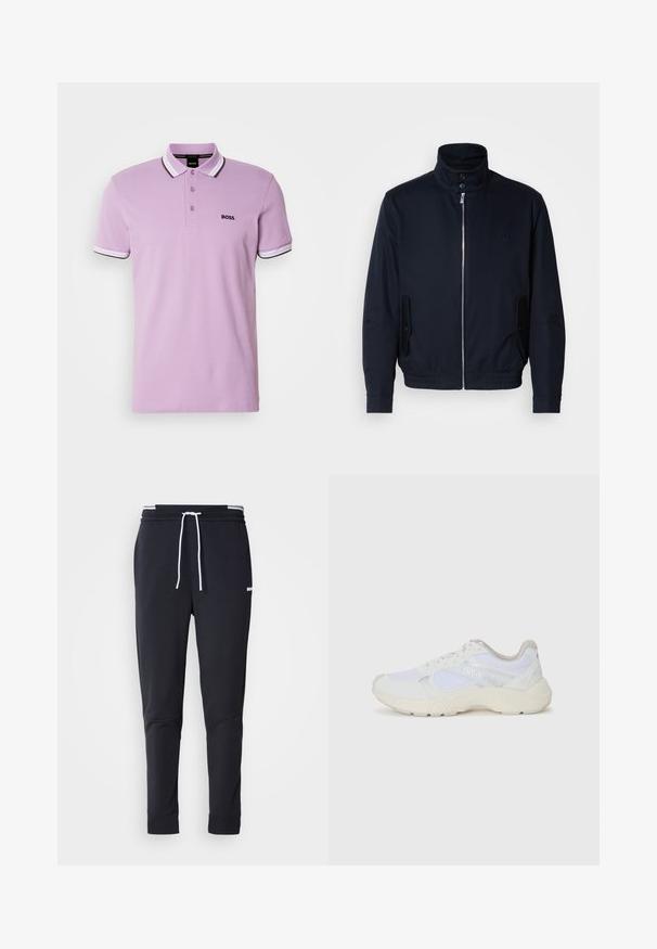 Marineblå jakke med høy krage, glidelås foran, sidelommer og ribbestrikkede mansjetter. Glatt tekstur med en subtil logo detaljer på brystet.; Lilla polo skjorte laget av bomull. Har en tre-knapps placket, kontraststripet krage og mansjetter, og en liten svart logo på brystet.; Sorte slim-fit joggebukser med hvit snor, elastisk midjebånd med hvite striper, og en liten hvit logo på overlåret.; Hvit idrettssko laget av mesh og skinn, med en teksturert mellomsåle, teksturerte detaljer og "HUGO"-logo på siden.