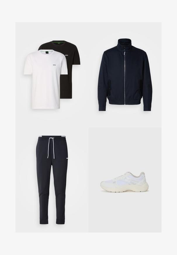 Námořnická modrá bunda s vysokým límcem, předním zipem, bočními kapsami a žebrovanými manžetami. Hladká textura s jemným logem na hrudi.; Dve bavlnené tričká v čiernej a bielej farbe, so okrúhlym výstrihom a malým logom na hrudi. Obe majú krátke rukávy a rovný strih.; Čierne slim-fit jogger nohavice s bielym šnurovaním, elastickým pásom s bielymi pruhmi a malým bielym logom na hornej stehne.; Biele atletické topánky vyrobené z materiálov sieťoviny a semišu, s textúrovanou strednou podošvou, textúrovanými akcentmi a logom "HUGO" na boku.