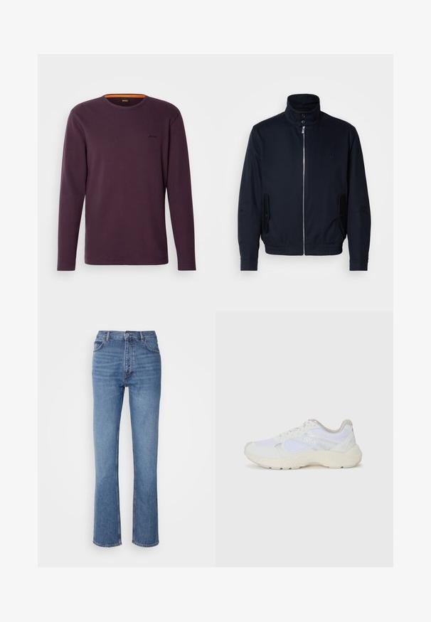 Tamno plava jakna s visokim ovratnikom, prednjim patentnim zatvaračem, bočnim džepovima i rebrastim manžetama. Glatka tekstura s suptilnim logotipom na prsima.; Majica dugih rukava s okruglim izrezom u tamnoljubičastoj boji s rebrastom teksturom. Ima narančasti naglasak na izrezu i mali logo na prsima.; Plave traperice s visokim strukom, ravnim krojem i suptilnim izbljeđivanjem. Imaju klasičan stil s pet džepova i zatvaranje na patentni zatvarač.; Bijele atletske tenisice napravljene od mrežastog materijala i kože antilop, s teksturiranom srednjom potplatom, teksturiranim detaljima i "HUGO" logotipom sa strane.