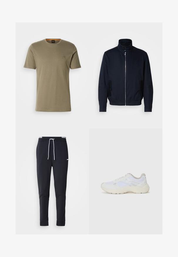 Jachetă bleumarin cu guler înalt, fermoar frontal, buzunare laterale și mansete cu nervuri. Textură netedă cu un detaliu subtil al logo-ului pe piept.; Tricou scurt din bumbac, de culoare verde măslinie, cu guler rotund și un mic patch cu logo pătrat pe pieptul stâng. Textură netedă.; Pantaloni jogger slim-fit negri cu șnur alb, talie elastică cu dungi albe și un mic logo alb pe coapsa superioară.; Adidași albi, din plasă și piele întoarsă, cu o talpă intermediară texturată, accente texturate și logo-ul "HUGO" pe lateral.