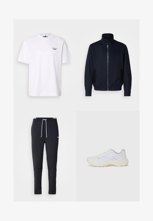 Chaqueta azul marino con un alto cuello, cierre frontal, bolsillos laterales y puños acanalados. Textura suave con un sutil detalle de logo en el pecho.; Camiseta de algodón blanca con cuello redondo y mangas cortas, con un logo negro "Porsche BOSS" en la parte izquierda del pecho.; Pantalones jogger ajustados negros con cordón blanco, cinturilla elástica con rayas blancas y pequeño logotipo blanco en el muslo superior.; Zapatillas deportivas blancas hechas de malla y ante, con una entresuela texturizada, acentos texturizados y el logo "HUGO" en el lateral.