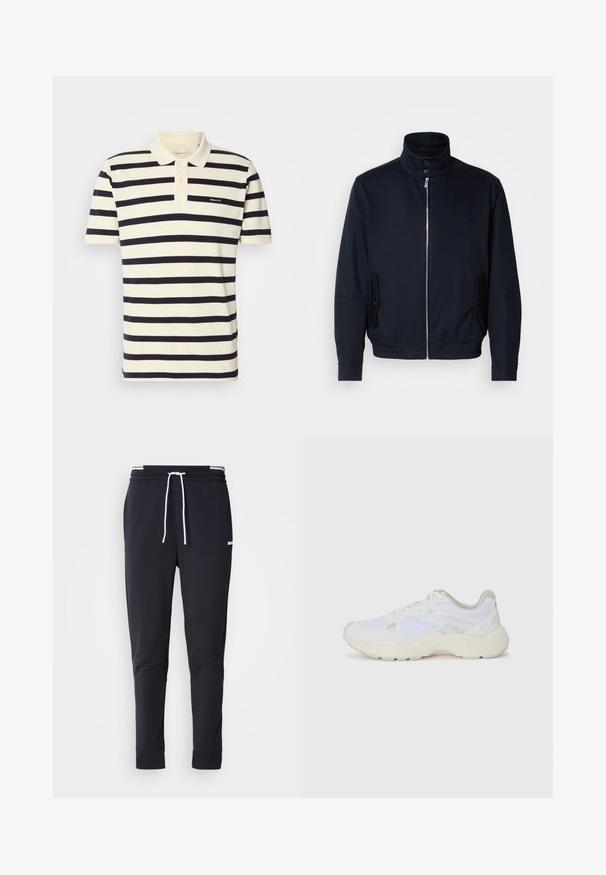 Tengerészkék dzseki magas gallérral, elülső cipzárral, oldalsó zsebekkel és bordázott mandzsettákkal. Sima felület, amelyen diszkrét logórészlet található a mellrészen.; Csíkos pólóing krém és tengerészkék színben, pamutból készült. Gallérral, két gombos záródással és hímzett logóval rendelkezik a mellkasán.; Fekete, slim-fit rakott nadrág fehér zsinórral, elasztikus derékpánttal, fehér csíkokkal, és kisebb fehér logóval a comb felső részén.; Fehér sportcipők, amelyek hálós és velúr anyagból készültek, texturált középtalppal, texturált részletekkel és a "HUGO" logóval az oldalon.